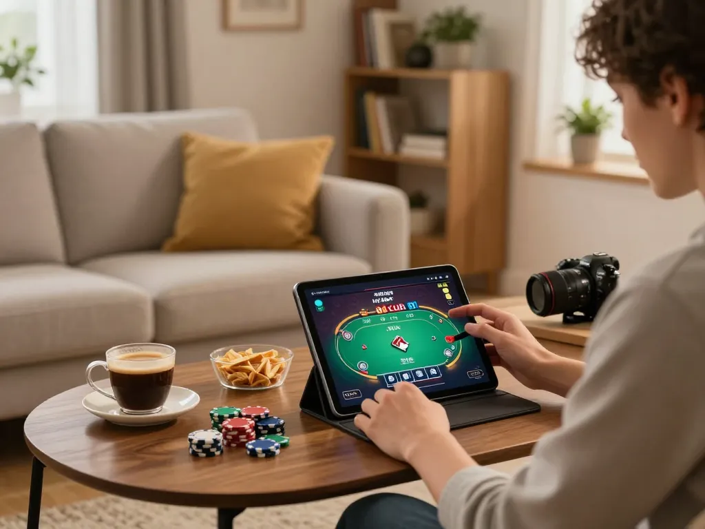 Engaging player enjoying hitclubapk poker on tablet with snacks and warm lighting, cozy home atmosphere.