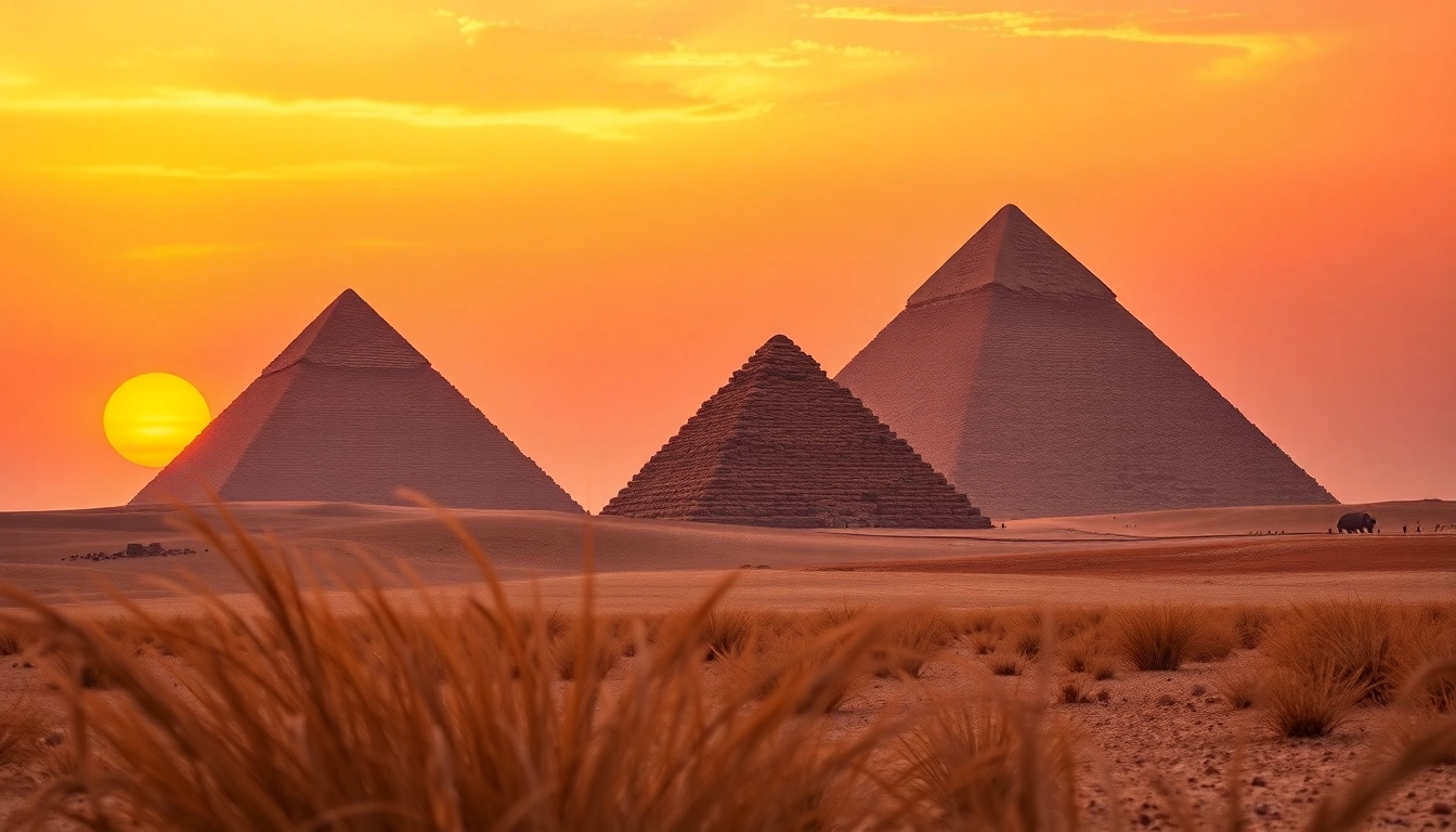 Captivating view of the majestic piraminds at Giza under a golden sunset sky.