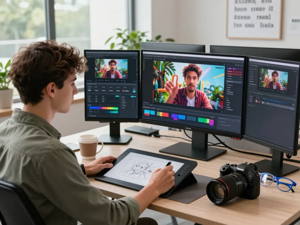 Creative workspace with a professional using ai seedance 2.0 to generate videos, showcasing technology integration.