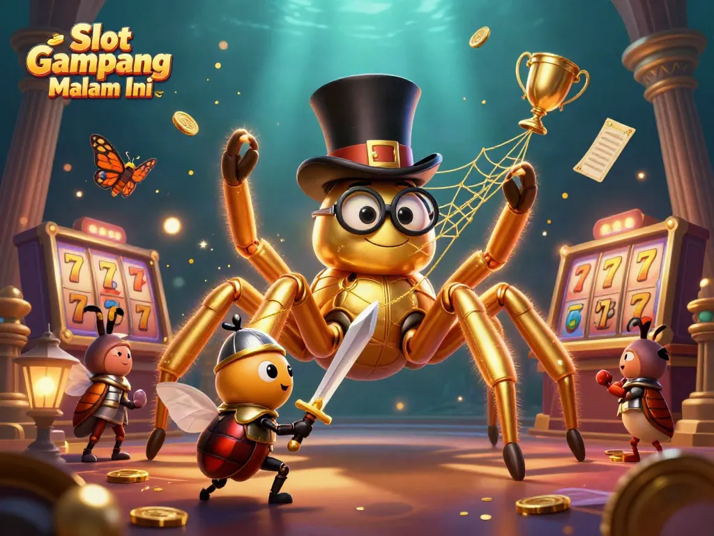Slot Gampang Jackpot Malam Ini menampilkan ilustrasi 3D yang penuh warna dengan karakter kartun dan elemen kasino yang dinamis.
