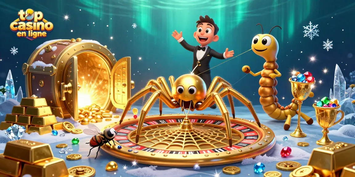Jouez au top casino en ligne avec une illustration d'une araignée d'or et un croupier centipède.