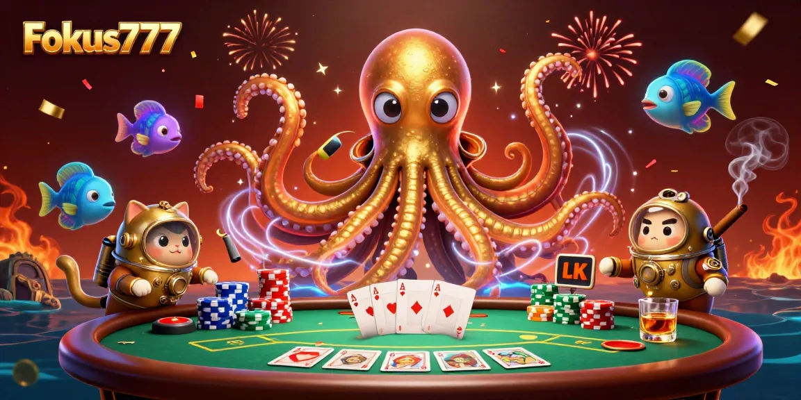 Experience thrilling gaming at Fokus777 with an energetic kraken, diving cat, and vibrant casino action.