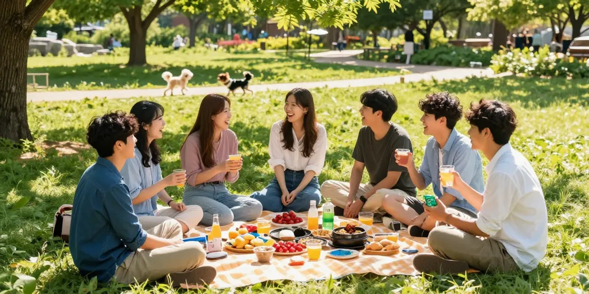 달토를 즐기는 친구들이 소풍을 하는 모습, 행복한 분위기