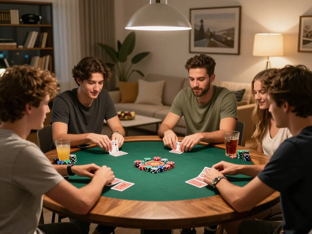 Teman-teman bermain idn poker di meja rumah, menampilkan kartu dan chip selama malam permainan.