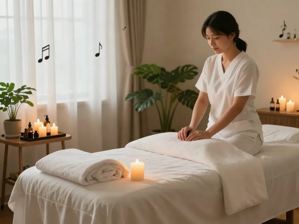 Calming massage therapy space for 강북출장마사지 with soft linens and warm lighting.