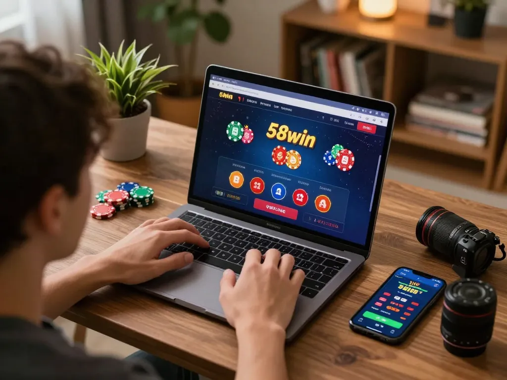 Player engaging with 58win's online casino interface, showcasing strategic gameplay in a cozy home setting.