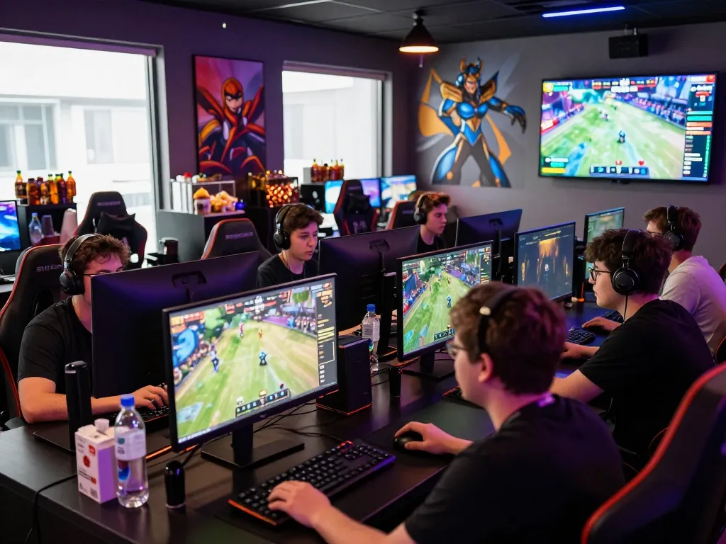 Exciting esports betting scene showcasing nổ hũ hubet88 with gamers engaged in action around high-tech screens.