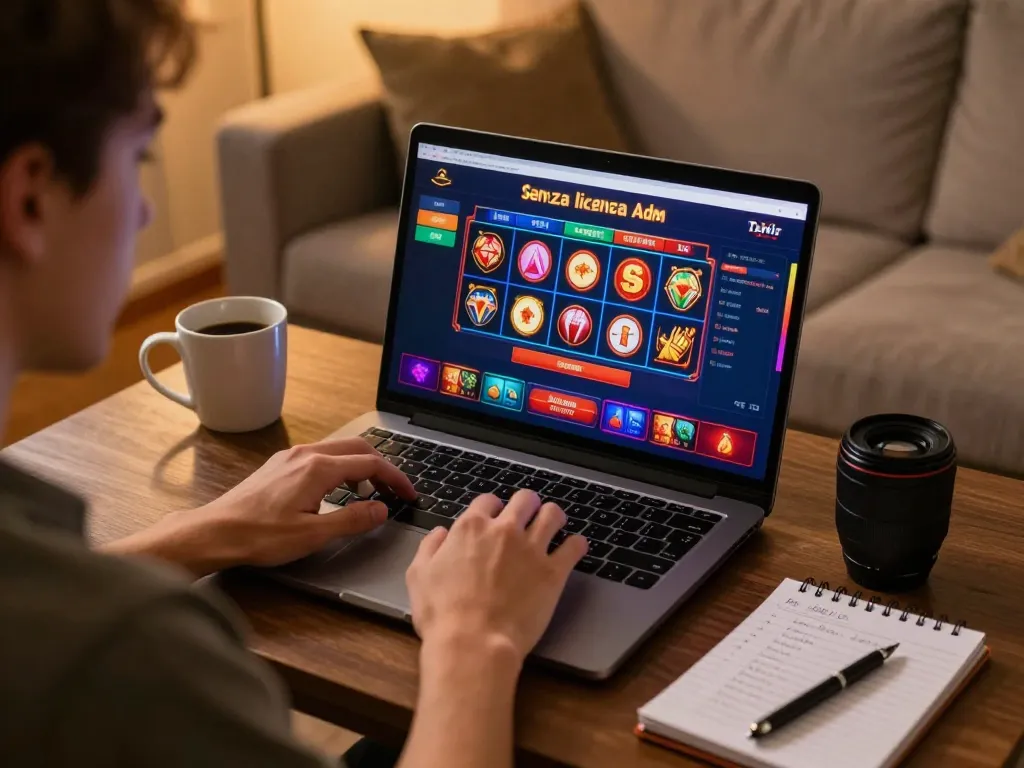 Engaging online gamer enjoying casino senza licenza adm games on a laptop at home.