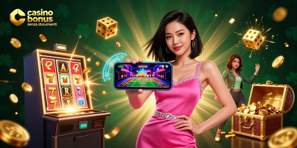 Partecipa a giochi emozionanti in un casino bonus senza documenti che mostra una vivace donna asiatica con uno smartphone.