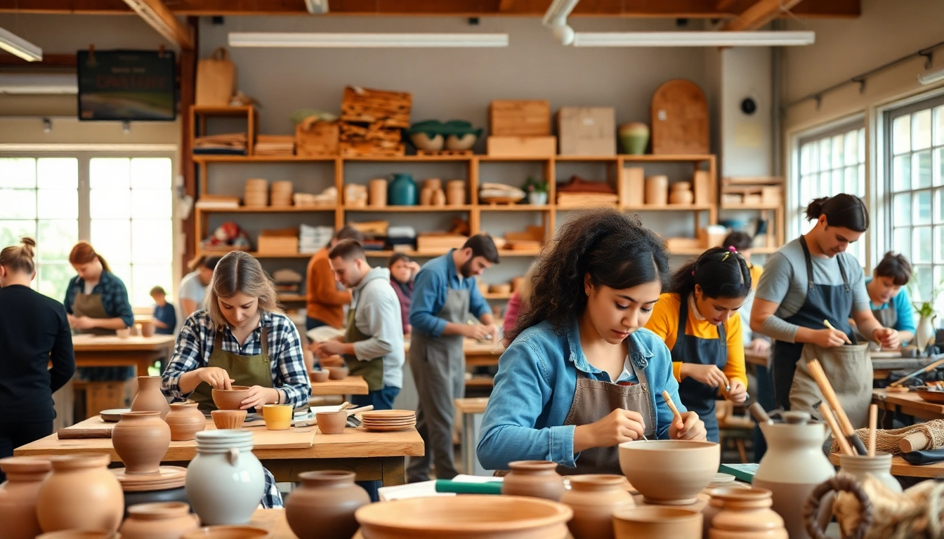 Engage with craft training programs in a vibrant workshop filled with artisans and creative tools.