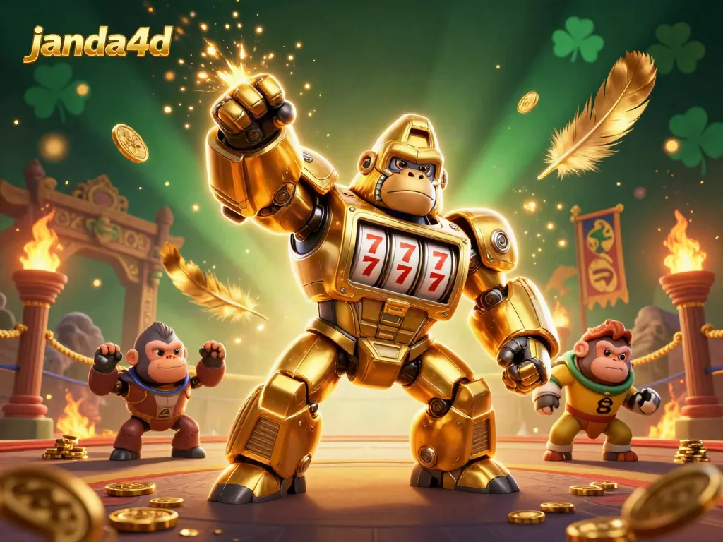 JANDA4D menunjukkan gorila emas berbentuk pahlawan slot memukau dalam kasino digital.