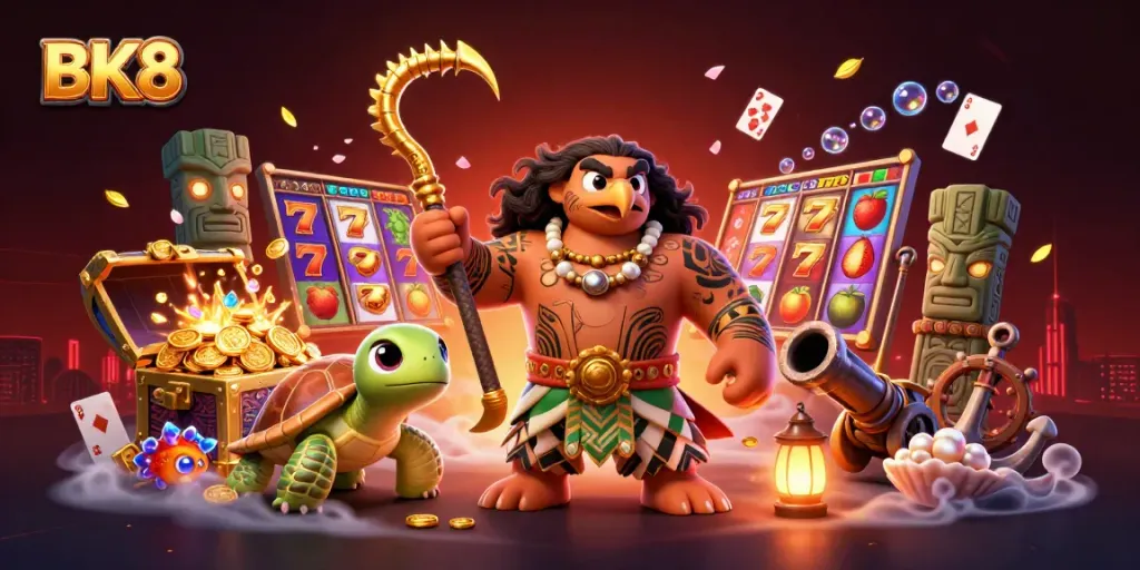 Experience thrilling BK8 gaming with vibrant slot reels and charming characters in an engaging scene.