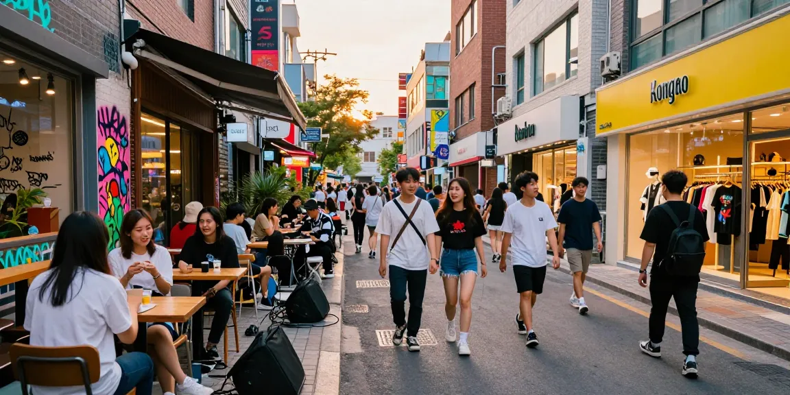 홍대op의 활기찬 거리 풍경, 젊은 사람들이 스타일리시한 카페에서 즐기는 모습.