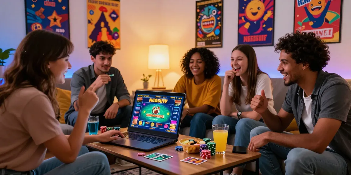 Scène de jeu en ligne Neosurf avec des amis appréciant une soirée de jeu animée à la maison.
