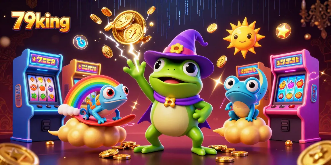 Explore the magic of 79king as the wizard frog conjures golden coins in a vibrant casino scene.