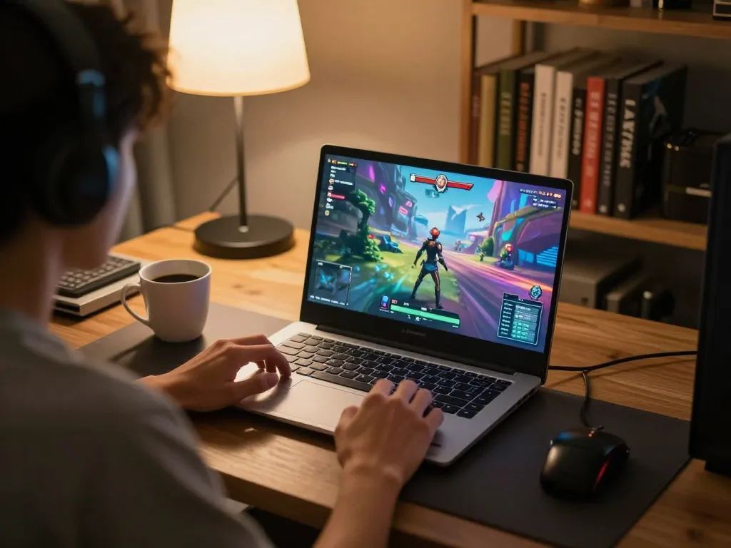 Playing an nsfw game on a laptop while enjoying a cozy atmosphere at home