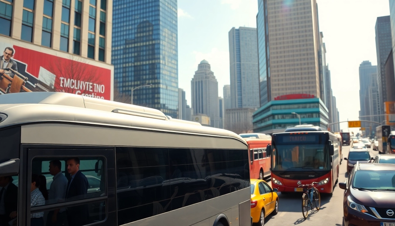 Transportation vehicles including buses and taxis servicing a busy urban area.
