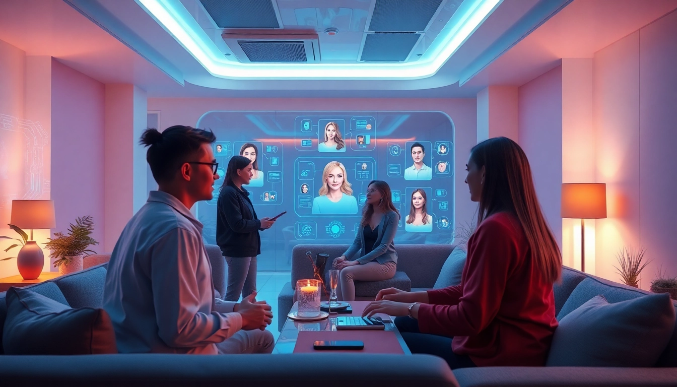 Engaging adults interacting with NSFW AI chatbots in a futuristic setting.