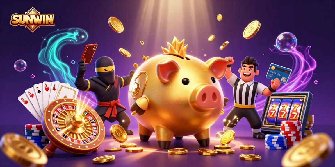 SUNWIN celebrates excitement with a dynamic scene of a golden piggy bank sumo wrestler shaking loose coins while gaming action unfolds