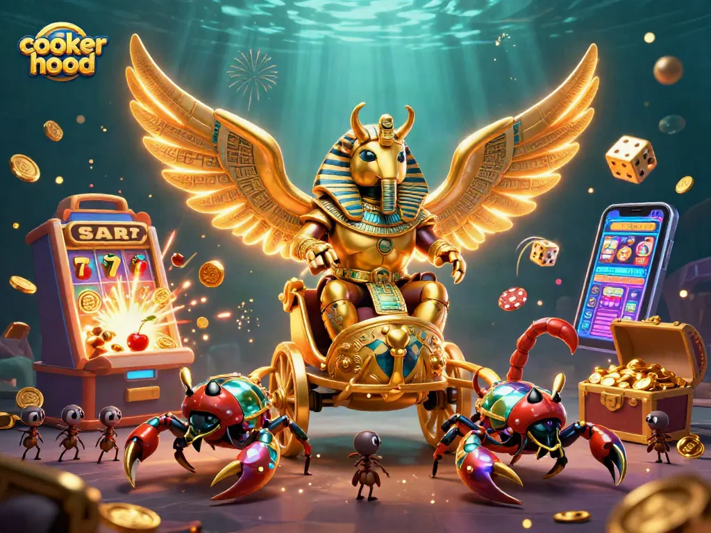 The cooker hood illustration showcases a lively casino scene with a golden scarab beetle, scorpion chariot, and poker chips.