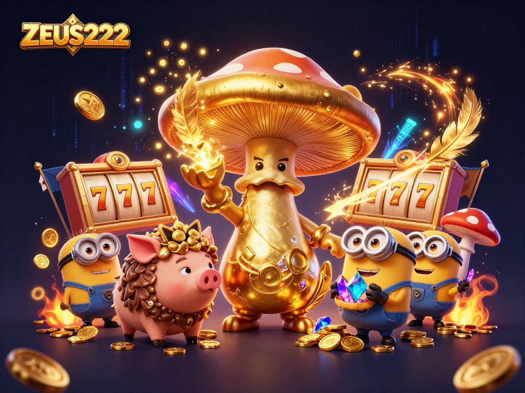 Engage with ZEUS222 in a vibrant 3D scene featuring a golden wizard and treasure elements.