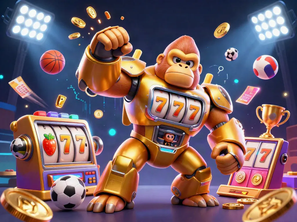 Gorilla robot bermain mesin slot dengan simbol keberuntungan dalam suasana penuh kegembiraan janda slot.