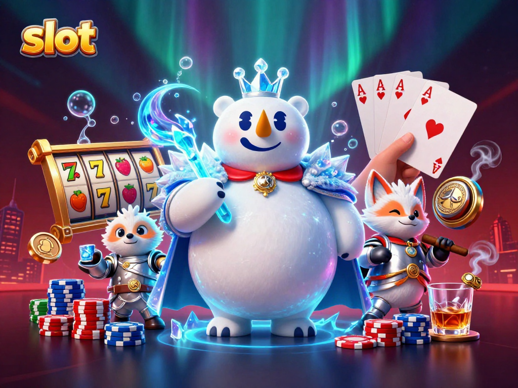 Play slot games with excitement as the polar bear king and fox companion enjoy vibrant casino elements.