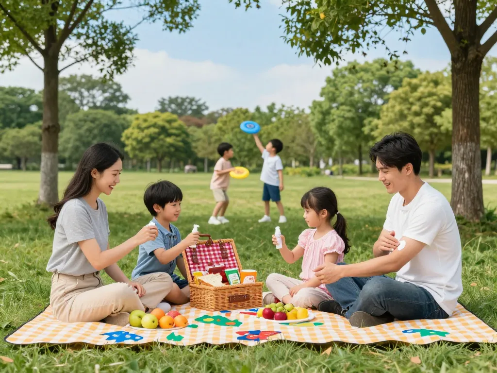 Family enjoying a picnic while applying mosquito repellent for outdoor protection.