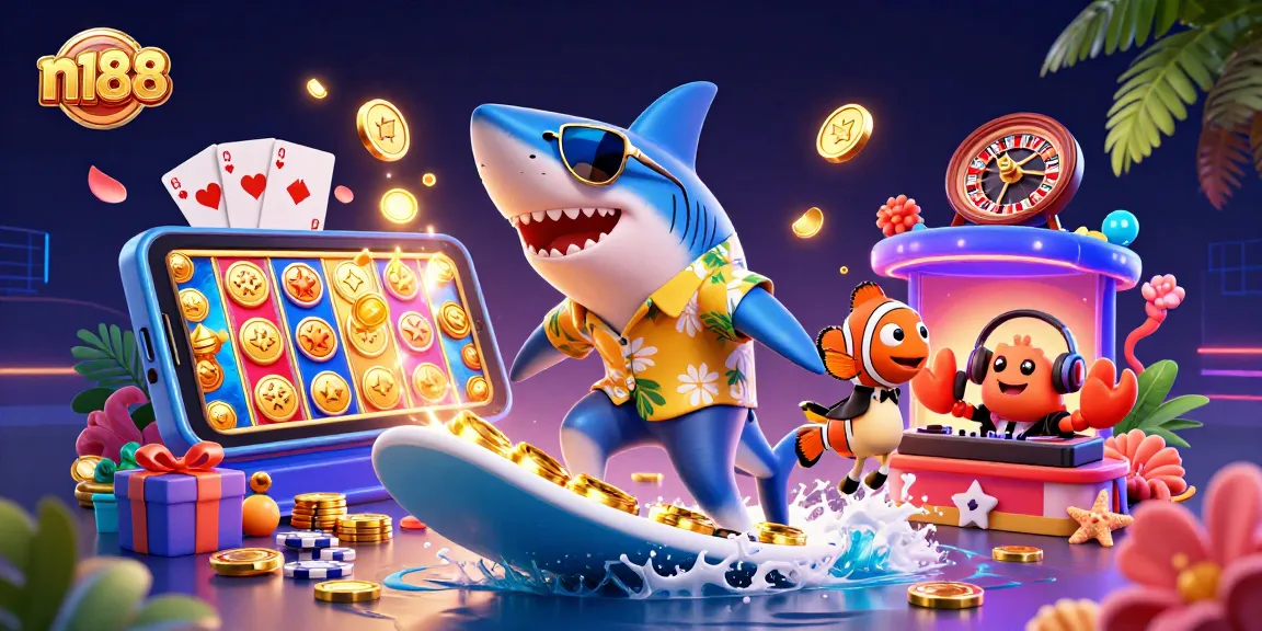 Engage in n188's thrilling world of gambling with vibrant casino elements and lively characters.