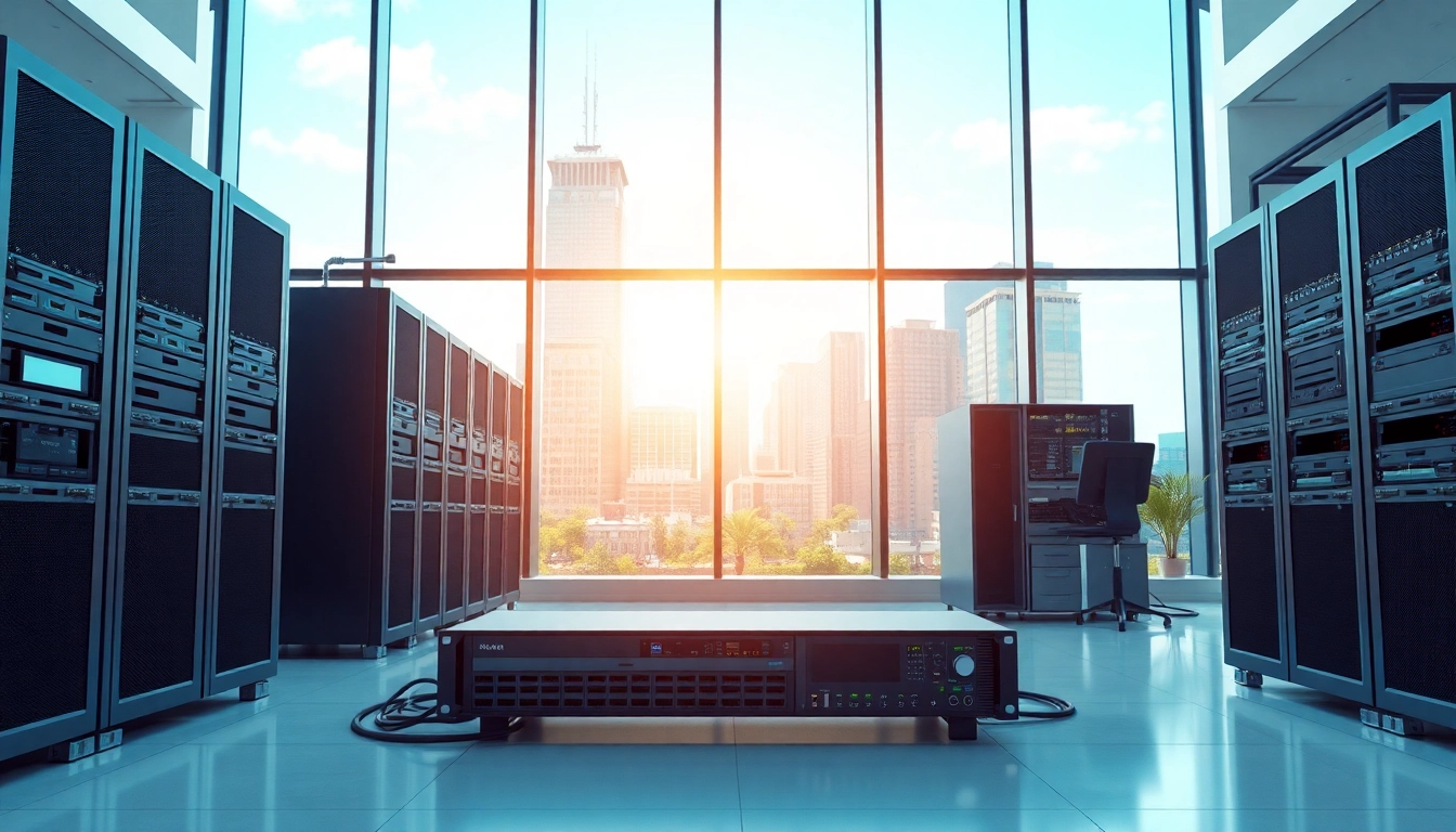 Showcase of network infrastructure with professional networking equipment set up in a modern office.