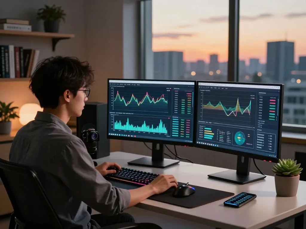 Data scientist optimizing AI crypto mining algorithms in a modern tech workspace.