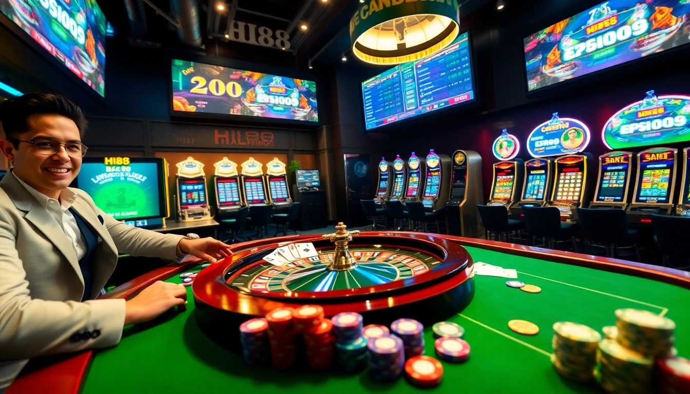 Join the excitement at Hi88 with vibrant casino tables, poker chips, and thrilling slot machines.