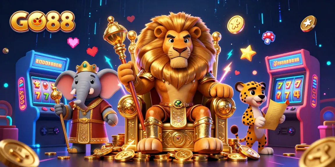 Join GO88's thrilling adventure with game icons, a lion king, and vibrant 3D elements for ultimate gaming fun.