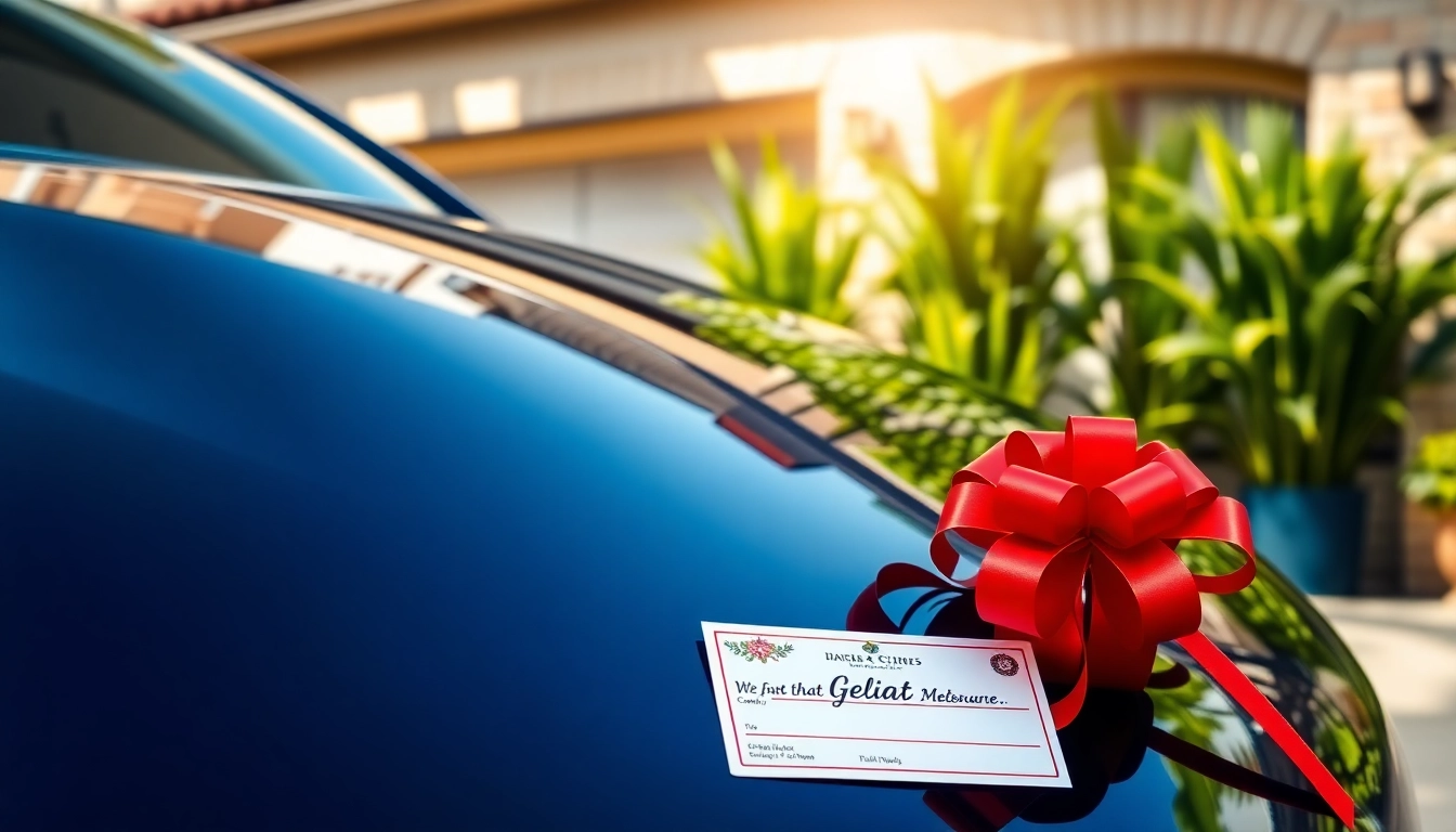 Showcase a car detailing gift certificate with a polished car, inviting atmosphere.