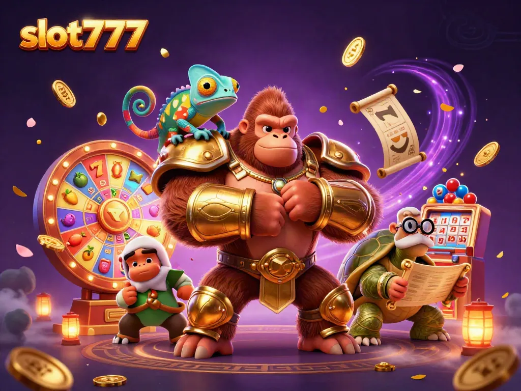Slot777 menang besar dengan gorila raja, chameleon, dan kura-kura bijaksana, bersama simbol slot.