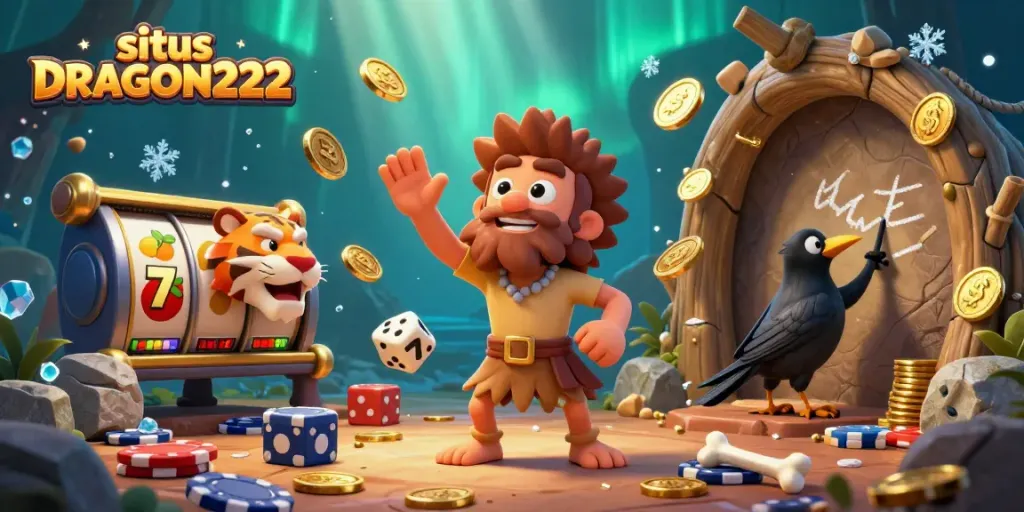Experience the excitement at situs DRAGON222 with a thrilling illustration of casino elements and characters.