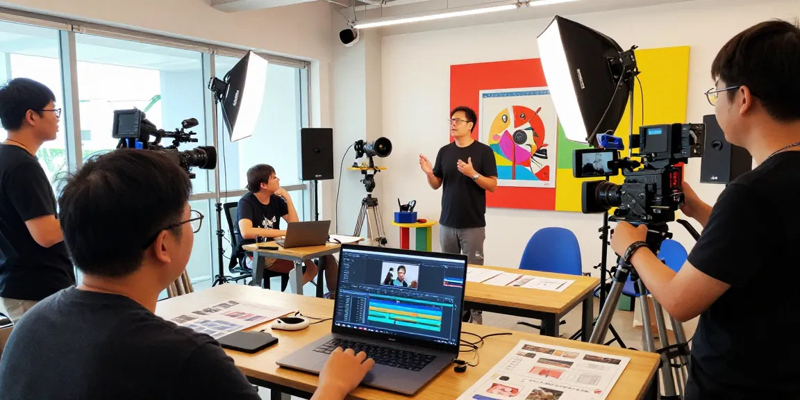 Creative team at Dreambox Studio Singapore collaborating on a video production project with professional equipment.