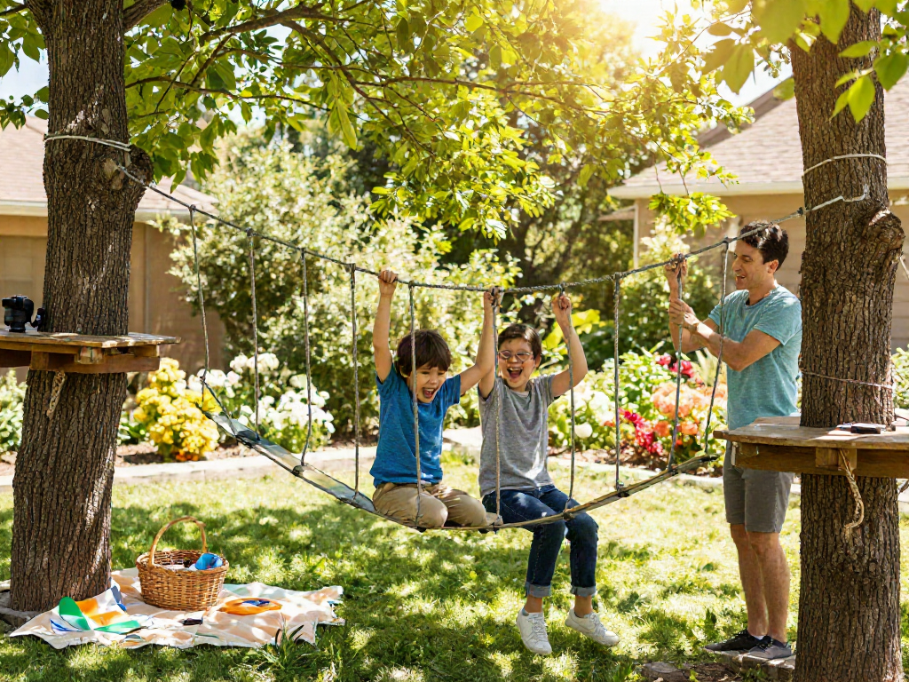 Child and adult constructing a rope bridge in a garden, showcasing creativity and teamwork.