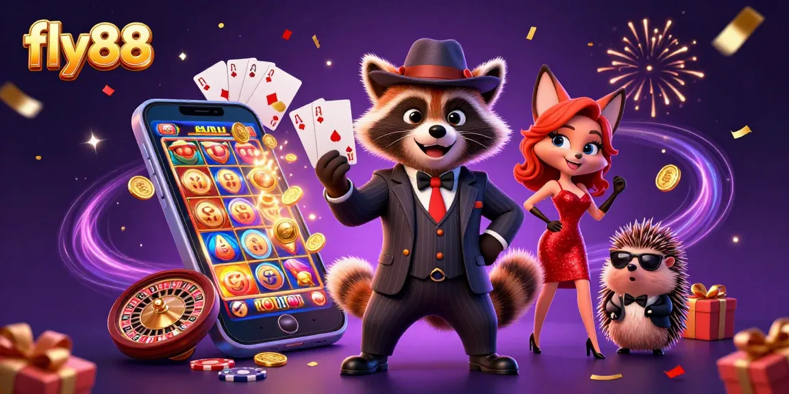 Engage in thrilling casino action with FLY88 as characters celebrate winning hands and slot games.