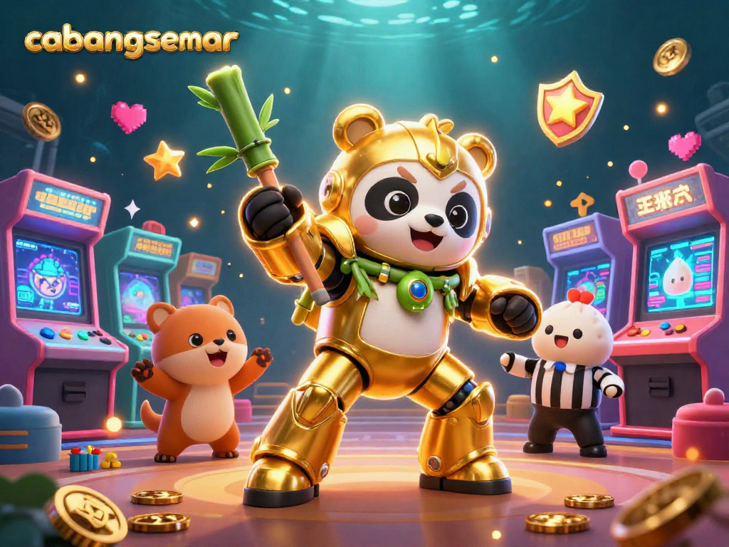 Cabangsemar menghadirkan ilustrasi kasino 3D dengan panda emas piloting robot, dikelilingi mesin permainan dan efek magis
