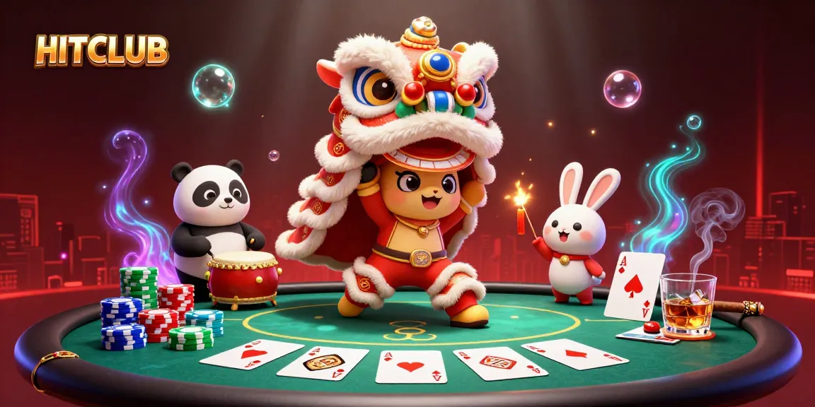 Engage in thrilling gameplay at HITCLUB, surrounded by festive characters and vibrant casino elements.