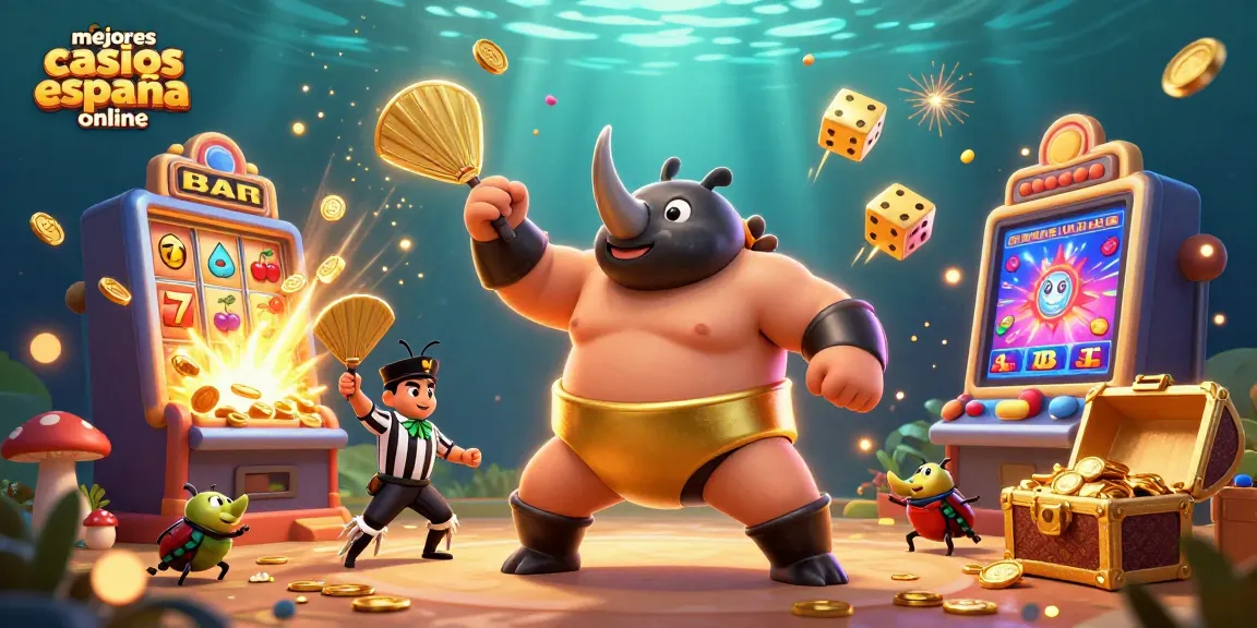 Ilustración 3D de los mejores casinos España online con un escarabajo y una máquina tragamonedas explotando en oro.