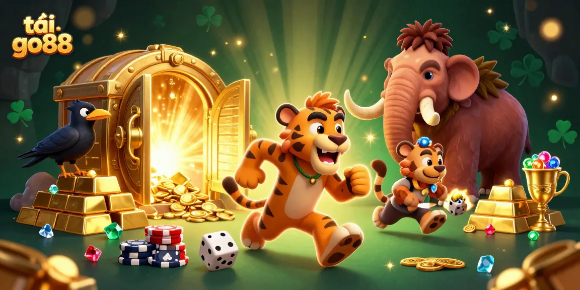 Engage with thrilling gameplay at tải go88, a vibrant prehistoric casino scene filled with treasures.