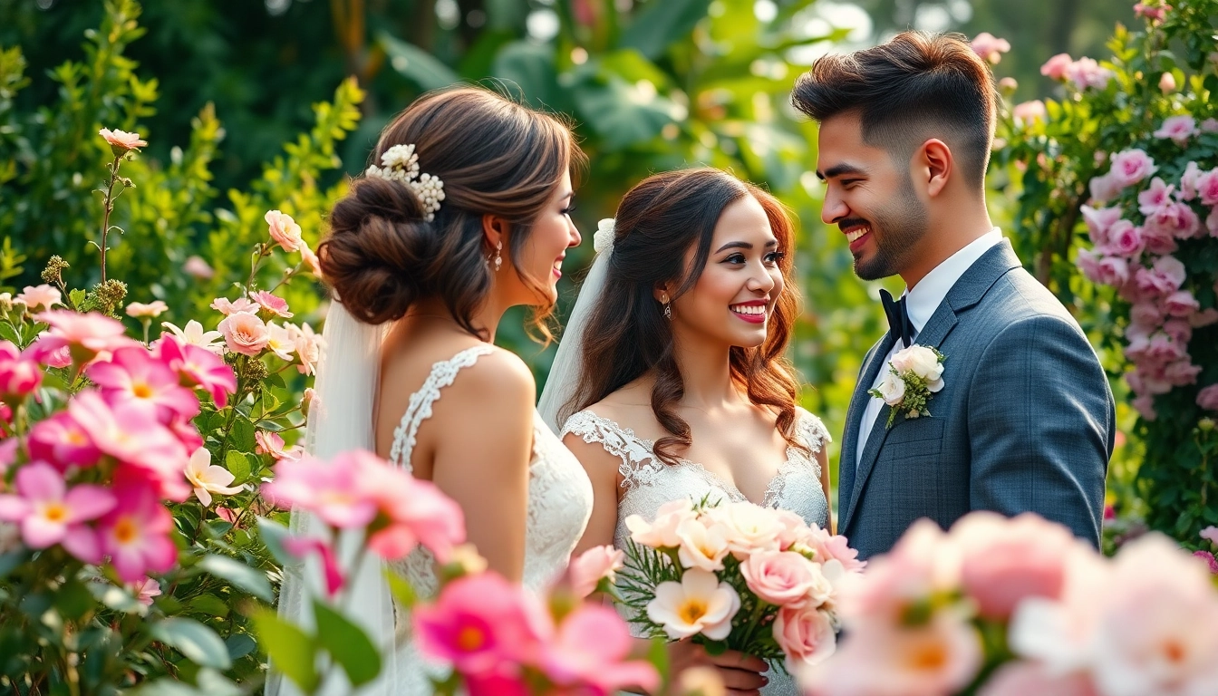 Capture a moment of wedding photography showcasing an elegant couple in a vibrant garden.
