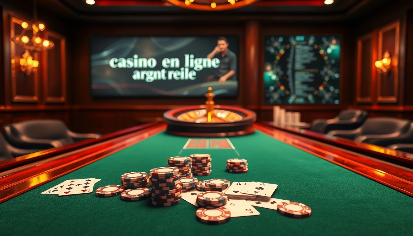 Découvrez l'excitation de gagner au casino en ligne argent réel avec des jetons de poker vibrants sur une table luxueuse.