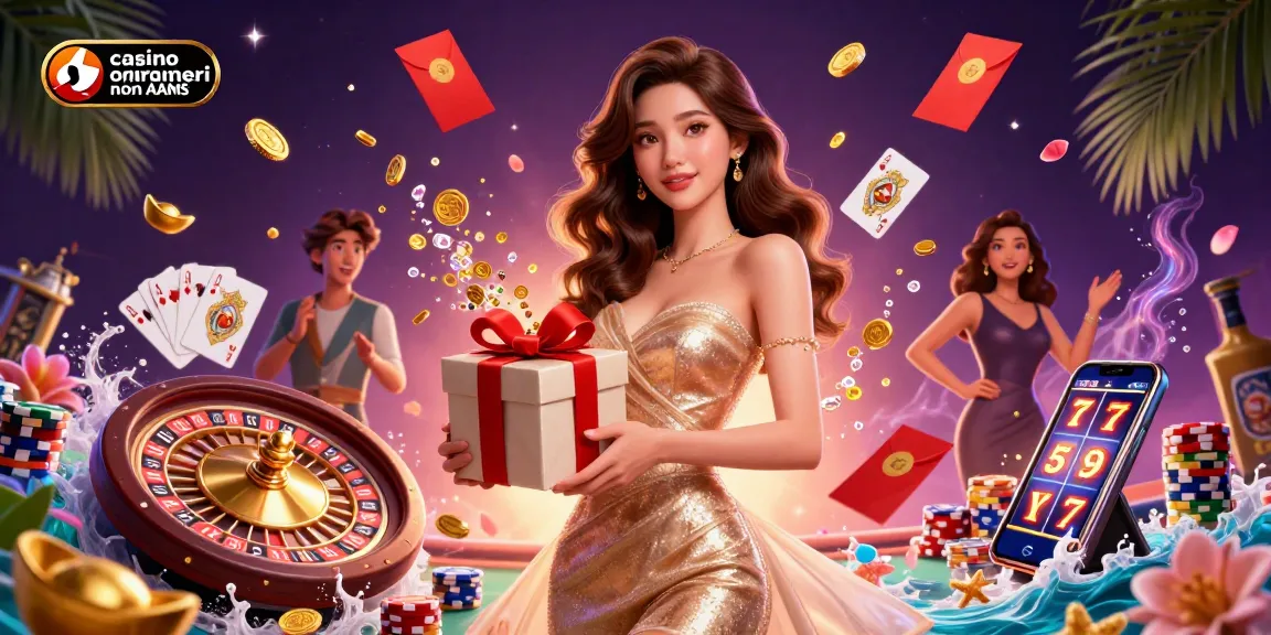 Illustrazione accattivante di una donna che rappresenta i casino online stranieri non AAMS con elementi festivi di gioco.