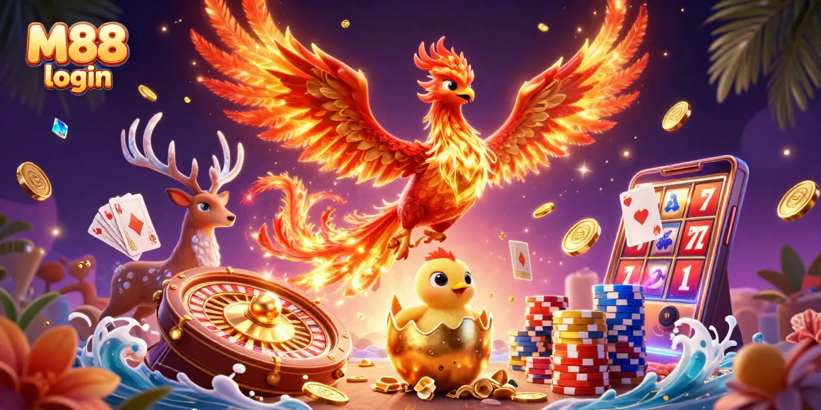 Experience thrilling M88 login gameplay with a vibrant illustration featuring a phoenix and casino elements.