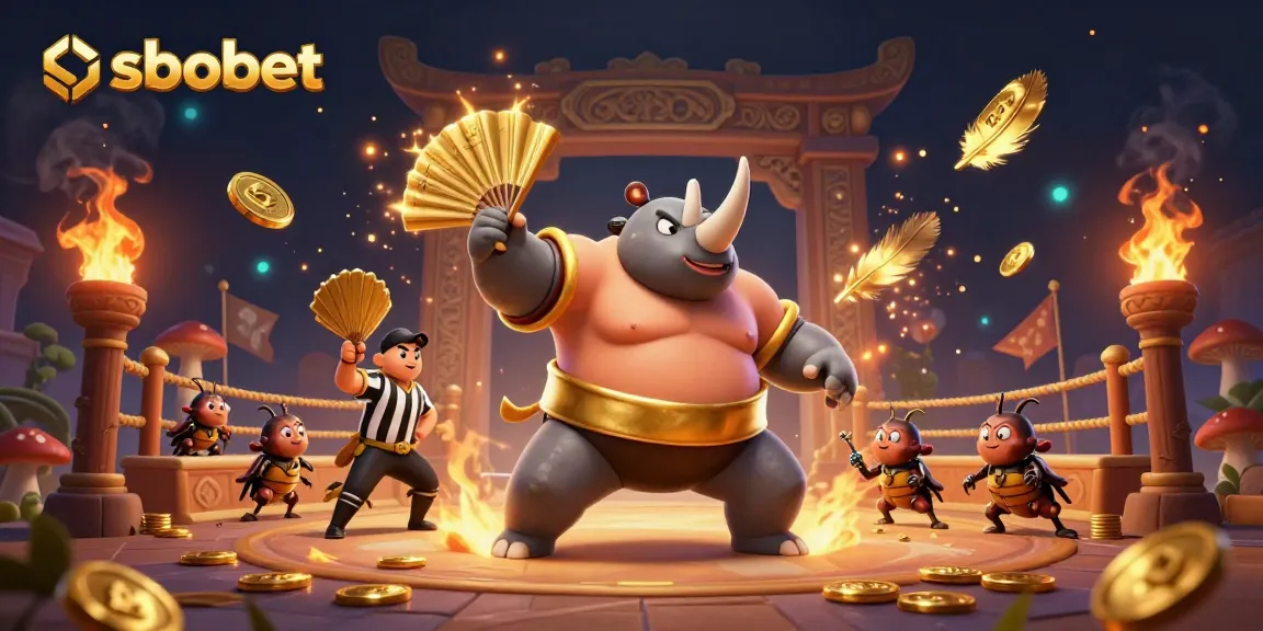 Experience the thrill of sbobet with a powerful 3D beetle showdown surrounded by gold coins.