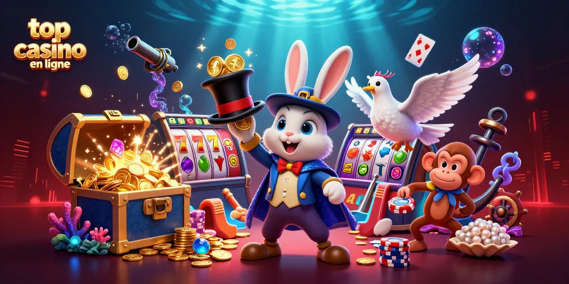 Découvrez le top casino en ligne avec des jeux captivants et une expérience immersive, illustré par un magicien et des assistants.