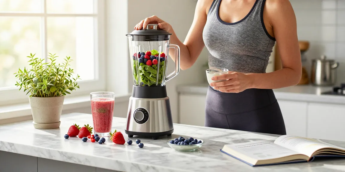 Preparing a smoothie with natural antioxidant supplements, colorful fruits, and wellness tools in bright kitchen.